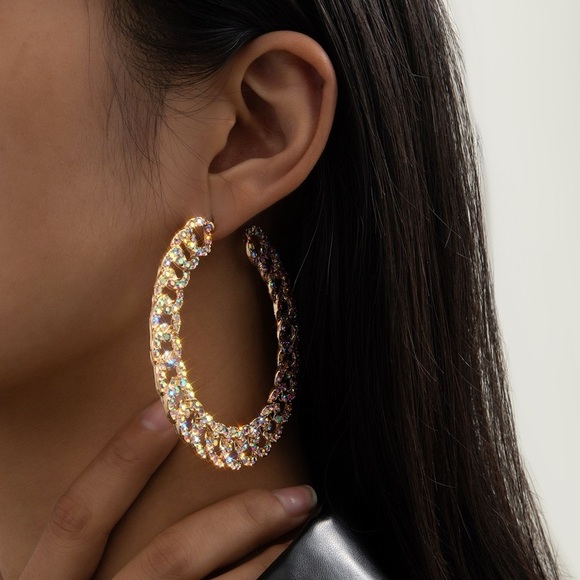 Retro Cuban Link Rhinestone Hoop Earrings (Various Colors) - Picture 1 of 9